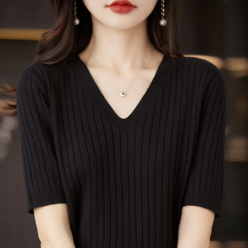 Women's Sweater Spring Summer Short Sleeve V-neck Knit Shirt Casual Korean Pullovers Stripe Bottoming Shirt Slim Fit Jumpers - Image 15