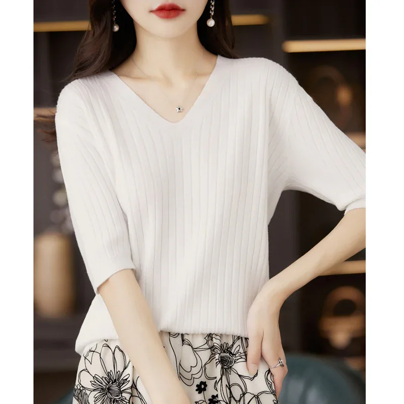 Women's Sweater Spring Summer Short Sleeve V-neck Knit Shirt Casual Korean Pullovers Stripe Bottoming Shirt Slim Fit Jumpers - Image 16