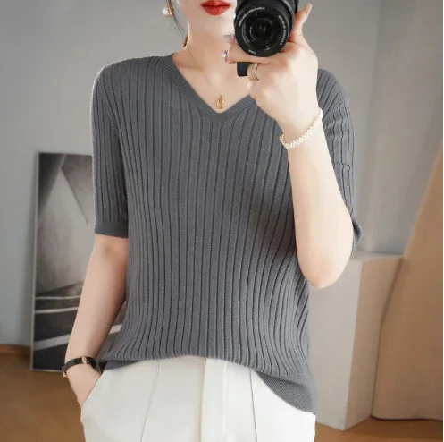 Women's Sweater Spring Summer Short Sleeve V-neck Knit Shirt Casual Korean Pullovers Stripe Bottoming Shirt Slim Fit Jumpers - Image 18