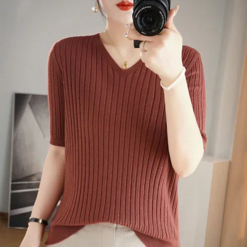 Women's Sweater Spring Summer Short Sleeve V-neck Knit Shirt Casual Korean Pullovers Stripe Bottoming Shirt Slim Fit Jumpers - Image 19