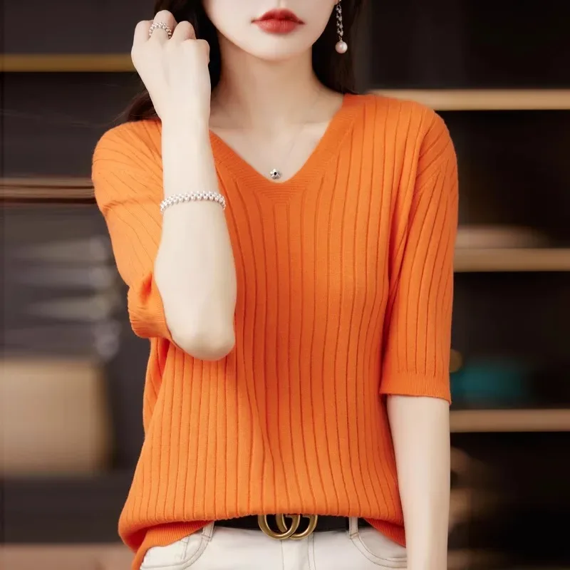 Women's Sweater Spring Summer Short Sleeve V-neck Knit Shirt Casual Korean Pullovers Stripe Bottoming Shirt Slim Fit Jumpers - Image 2
