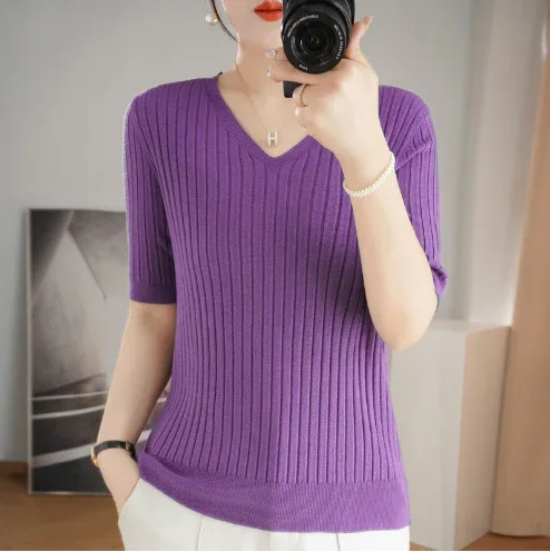 Women's Sweater Spring Summer Short Sleeve V-neck Knit Shirt Casual Korean Pullovers Stripe Bottoming Shirt Slim Fit Jumpers - Image 20