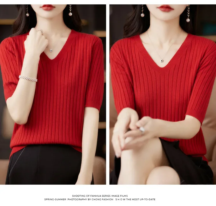 Women's Sweater Spring Summer Short Sleeve V-neck Knit Shirt Casual Korean Pullovers Stripe Bottoming Shirt Slim Fit Jumpers - Image 21