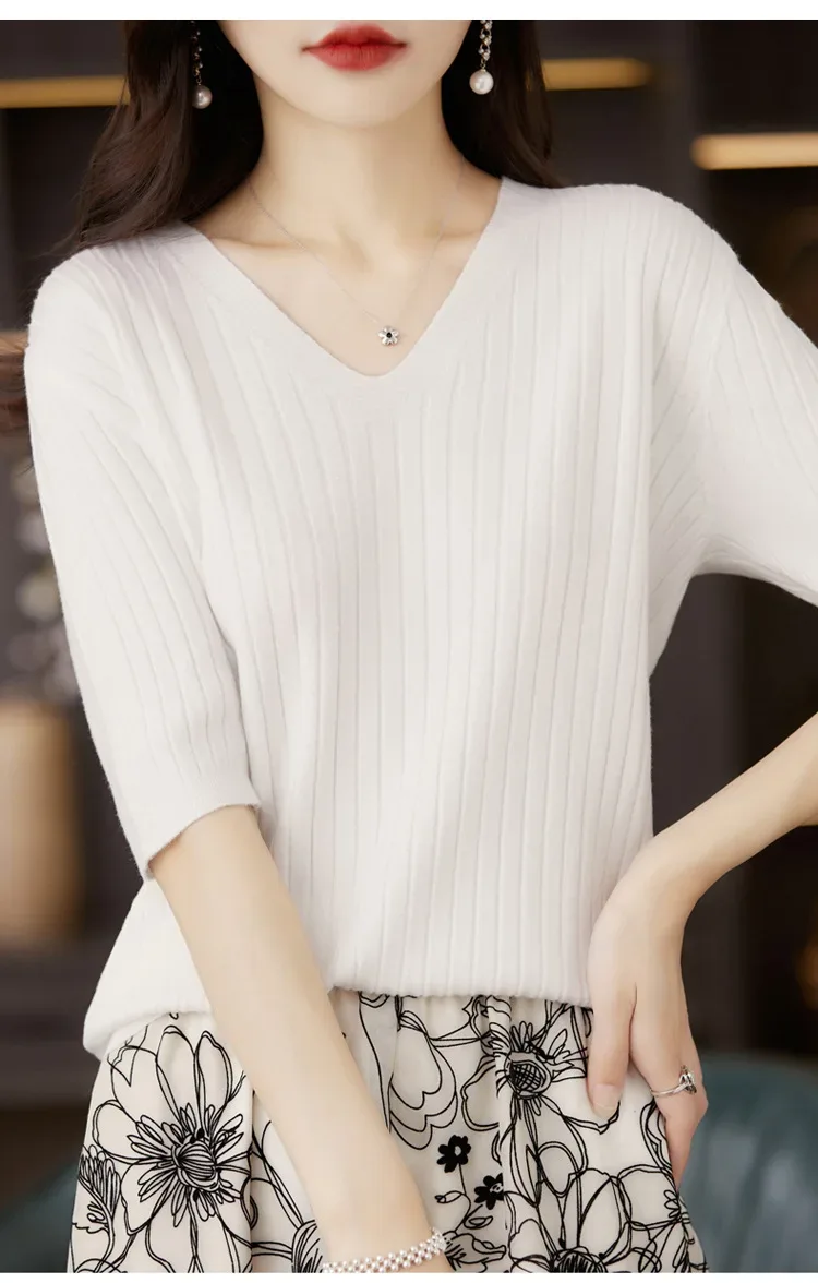 Women's Sweater Spring Summer Short Sleeve V-neck Knit Shirt Casual Korean Pullovers Stripe Bottoming Shirt Slim Fit Jumpers - Image 22