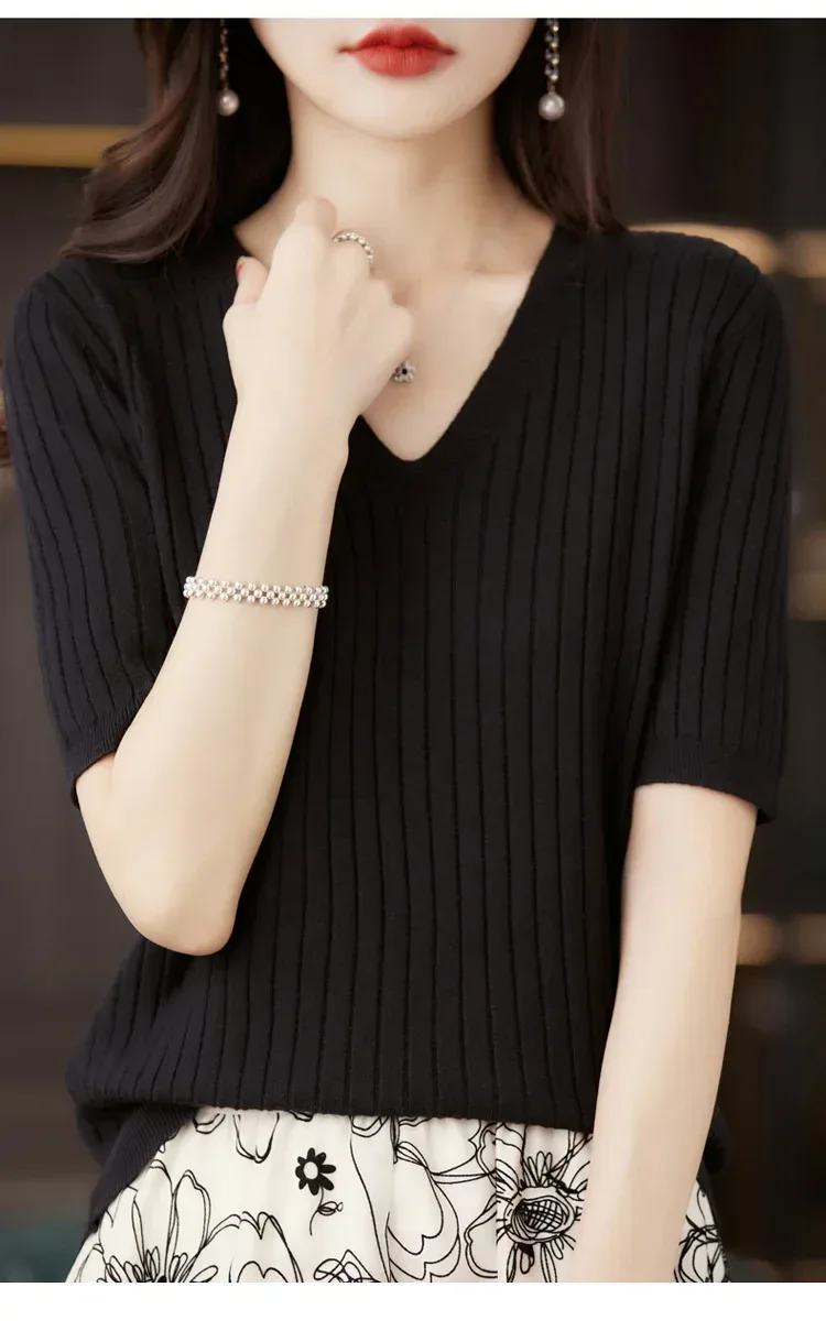 Women's Sweater Spring Summer Short Sleeve V-neck Knit Shirt Casual Korean Pullovers Stripe Bottoming Shirt Slim Fit Jumpers - Image 23