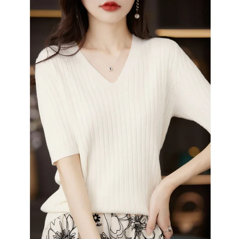 Women's Sweater Spring Summer Short Sleeve V-neck Knit Shirt Casual Korean Pullovers Stripe Bottoming Shirt Slim Fit Jumpers - Image 24