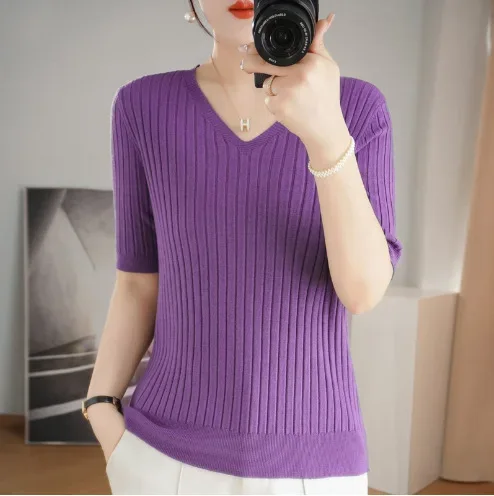 Women's Sweater Spring Summer Short Sleeve V-neck Knit Shirt Casual Korean Pullovers Stripe Bottoming Shirt Slim Fit Jumpers - Image 25