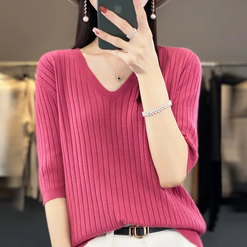 Women's Sweater Spring Summer Short Sleeve V-neck Knit Shirt Casual Korean Pullovers Stripe Bottoming Shirt Slim Fit Jumpers - Image 26