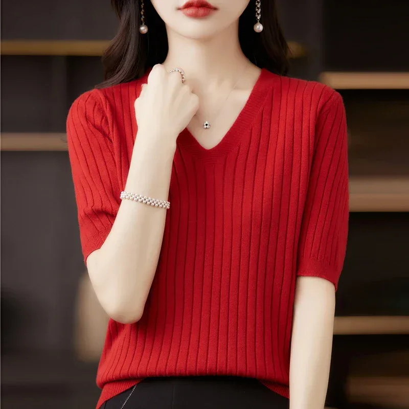 Women's Sweater Spring Summer Short Sleeve V-neck Knit Shirt Casual Korean Pullovers Stripe Bottoming Shirt Slim Fit Jumpers - Image 27