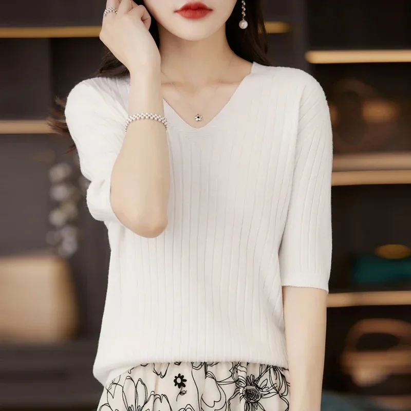 Women's Sweater Spring Summer Short Sleeve V-neck Knit Shirt Casual Korean Pullovers Stripe Bottoming Shirt Slim Fit Jumpers - Image 28