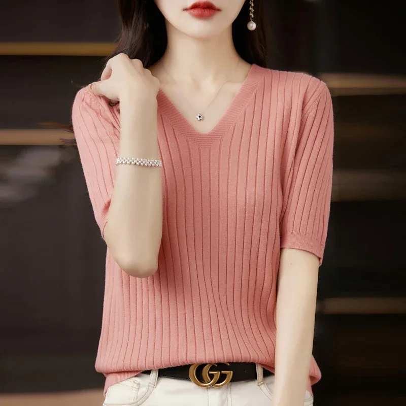 Women's Sweater Spring Summer Short Sleeve V-neck Knit Shirt Casual Korean Pullovers Stripe Bottoming Shirt Slim Fit Jumpers - Image 29