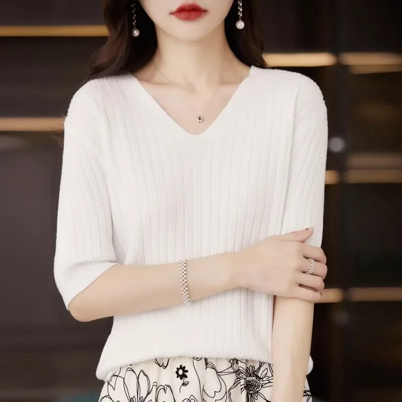 Women's Sweater Spring Summer Short Sleeve V-neck Knit Shirt Casual Korean Pullovers Stripe Bottoming Shirt Slim Fit Jumpers - Image 3