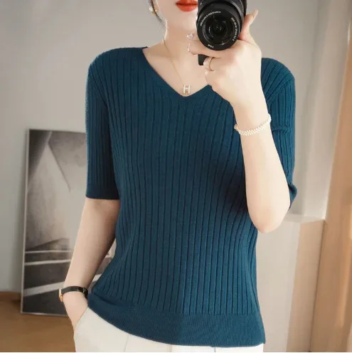 Women's Sweater Spring Summer Short Sleeve V-neck Knit Shirt Casual Korean Pullovers Stripe Bottoming Shirt Slim Fit Jumpers - Image 30