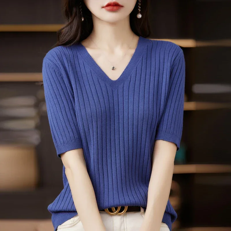 Women's Sweater Spring Summer Short Sleeve V-neck Knit Shirt Casual Korean Pullovers Stripe Bottoming Shirt Slim Fit Jumpers - Image 31