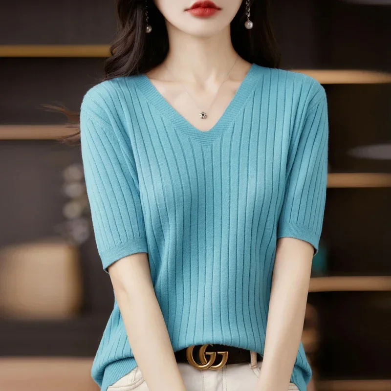 Women's Sweater Spring Summer Short Sleeve V-neck Knit Shirt Casual Korean Pullovers Stripe Bottoming Shirt Slim Fit Jumpers - Image 32
