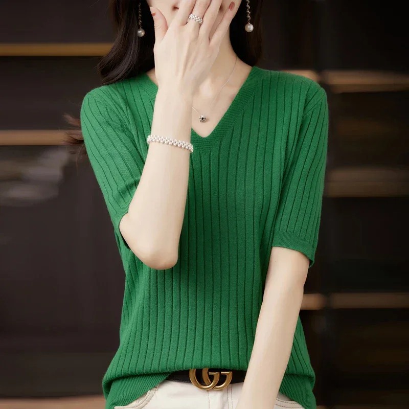 Women's Sweater Spring Summer Short Sleeve V-neck Knit Shirt Casual Korean Pullovers Stripe Bottoming Shirt Slim Fit Jumpers - Image 33