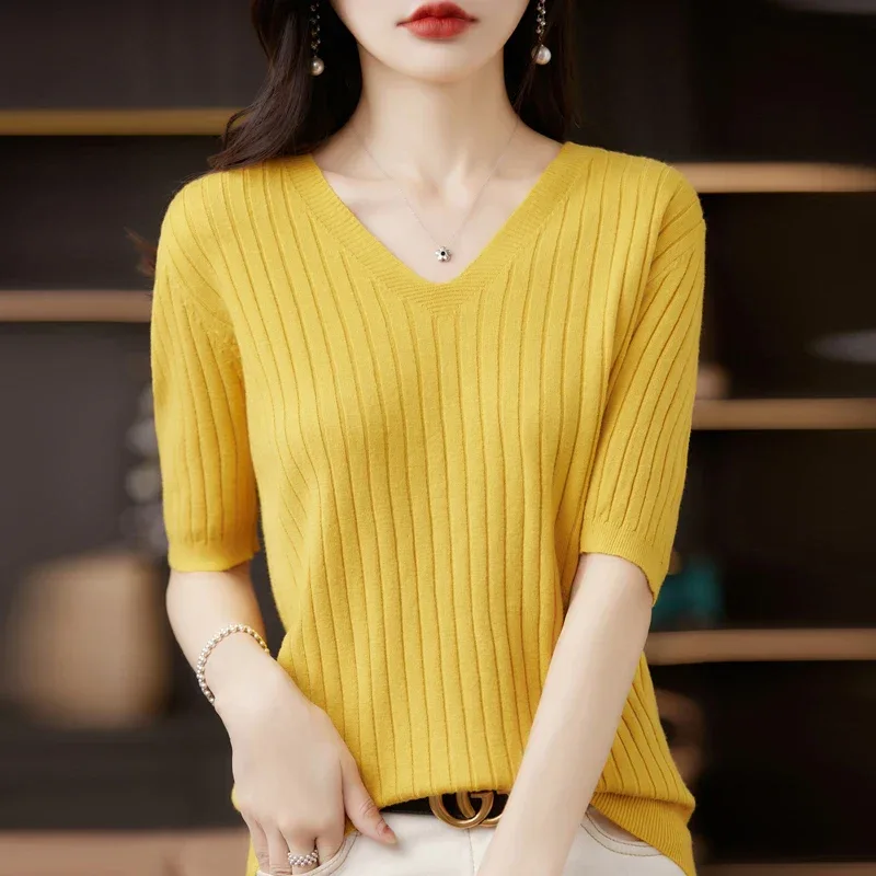 Women's Sweater Spring Summer Short Sleeve V-neck Knit Shirt Casual Korean Pullovers Stripe Bottoming Shirt Slim Fit Jumpers - Image 34
