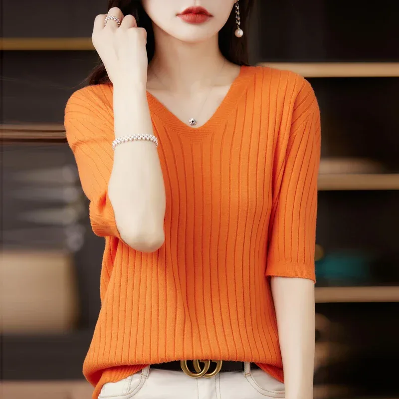 Women's Sweater Spring Summer Short Sleeve V-neck Knit Shirt Casual Korean Pullovers Stripe Bottoming Shirt Slim Fit Jumpers - Image 35