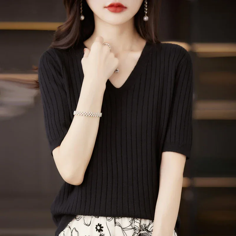Women's Sweater Spring Summer Short Sleeve V-neck Knit Shirt Casual Korean Pullovers Stripe Bottoming Shirt Slim Fit Jumpers - Image 36