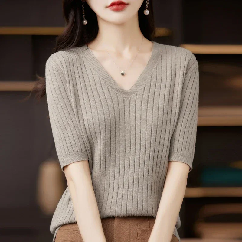 Women's Sweater Spring Summer Short Sleeve V-neck Knit Shirt Casual Korean Pullovers Stripe Bottoming Shirt Slim Fit Jumpers - Image 37