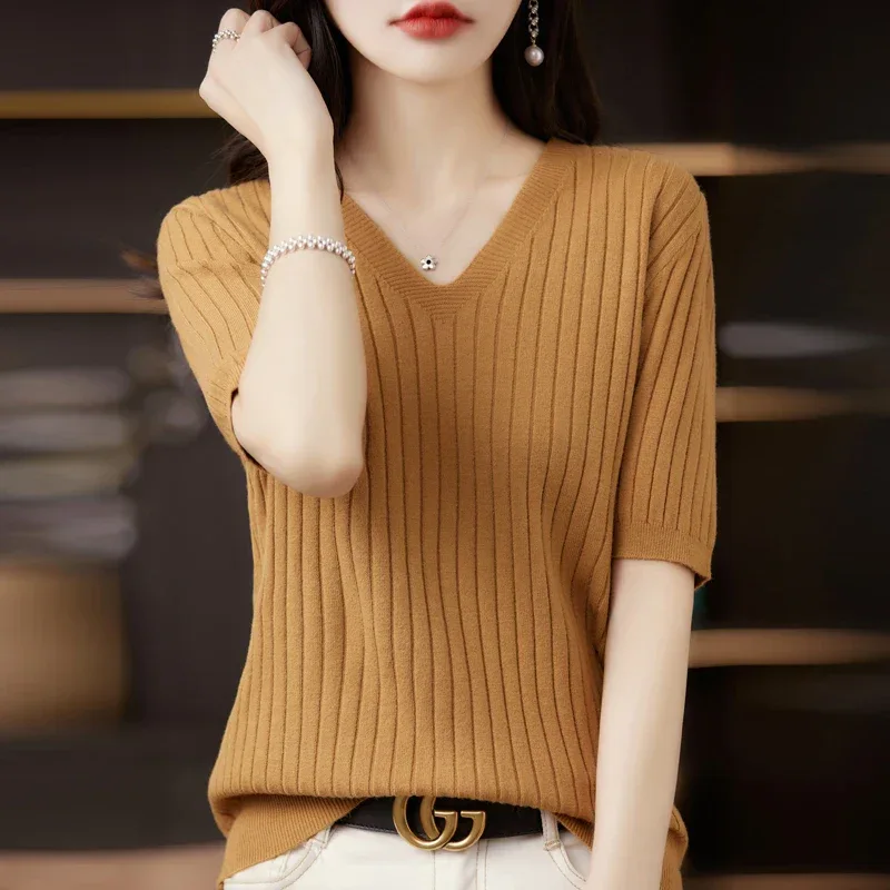 Women's Sweater Spring Summer Short Sleeve V-neck Knit Shirt Casual Korean Pullovers Stripe Bottoming Shirt Slim Fit Jumpers - Image 38