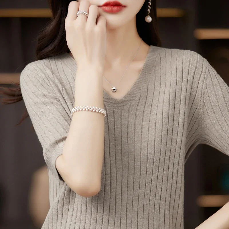 Women's Sweater Spring Summer Short Sleeve V-neck Knit Shirt Casual Korean Pullovers Stripe Bottoming Shirt Slim Fit Jumpers - Image 6