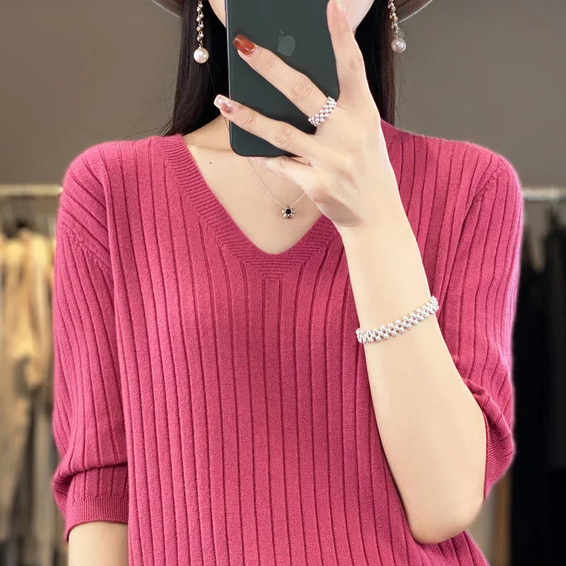 Women's Sweater Spring Summer Short Sleeve V-neck Knit Shirt Casual Korean Pullovers Stripe Bottoming Shirt Slim Fit Jumpers - Image 7
