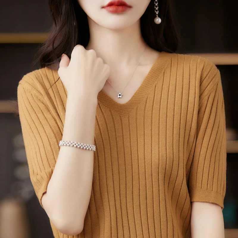 Women's Sweater Spring Summer Short Sleeve V-neck Knit Shirt Casual Korean Pullovers Stripe Bottoming Shirt Slim Fit Jumpers - Image 8