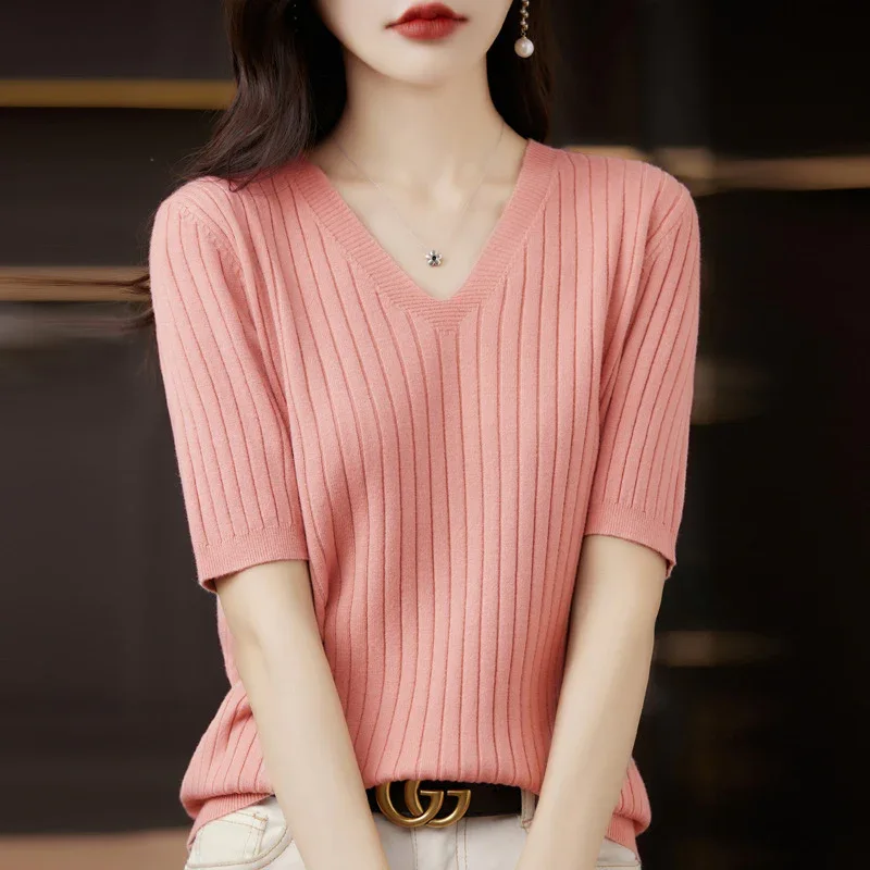 Women's Sweater Spring Summer Short Sleeve V-neck Knit Shirt Casual Korean Pullovers Stripe Bottoming Shirt Slim Fit Jumpers - Image 9